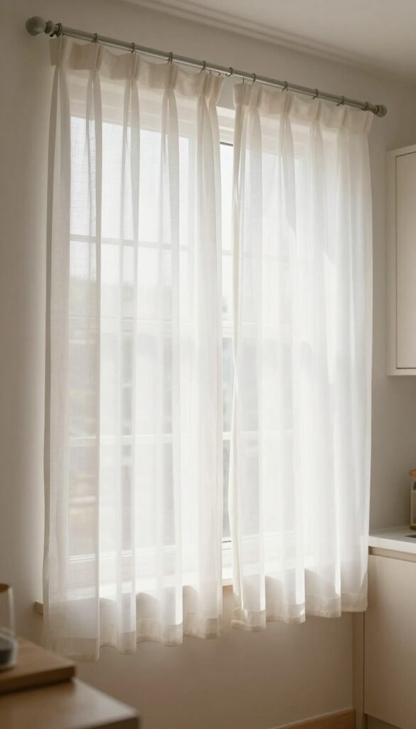 Sheer white curtains with subtle texture filtering soft daylight in a cozy kitchen window, hanging just below the sill on a simple rod.