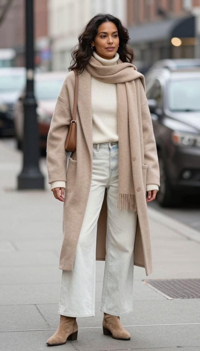 10. Monochrome Cream and Camel Layers with Wide-Leg Jeans and Suede Boots