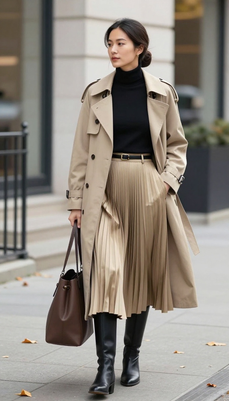 8. Pleated Midi Skirt with a Skinny Belt and Trench Coat