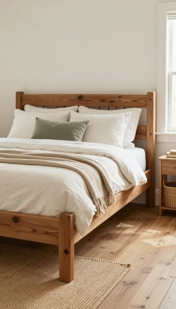 Rustic farmhouse bedroom with a chunky reclaimed wood bed frame, neutral linen bedding, and a woven throw blanket in bright natural light