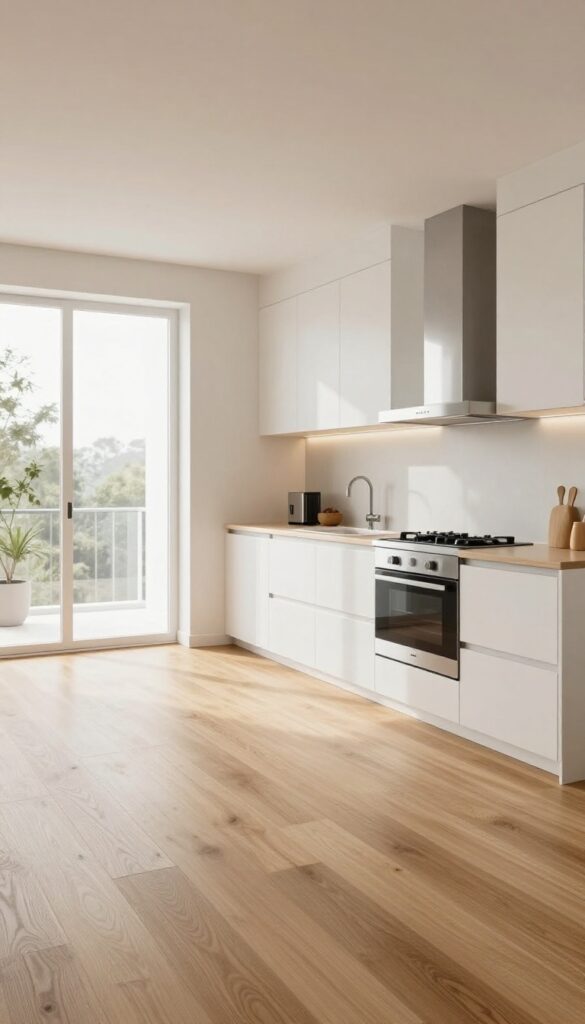 Modern galley kitchen with continuous light wood plank flooring extending into the adjacent living space under bright natural light