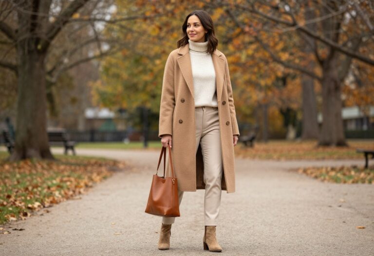 Woman in camel coat and cream turtleneck standing in autumn park