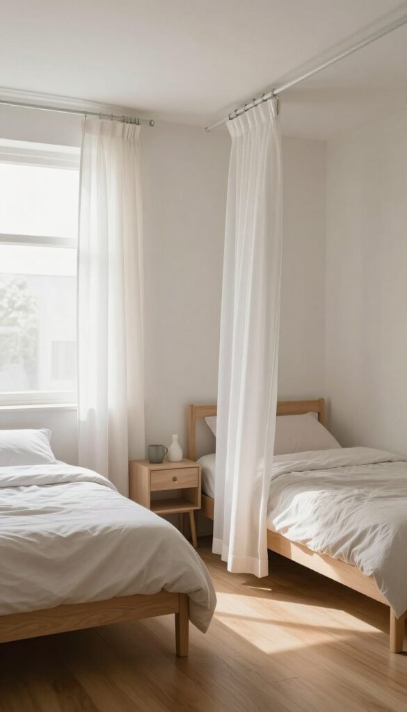 Small shared bedroom for two sisters with a ceiling-mounted curtain divider creating flexible privacy, bright natural light, and light airy fabric.
