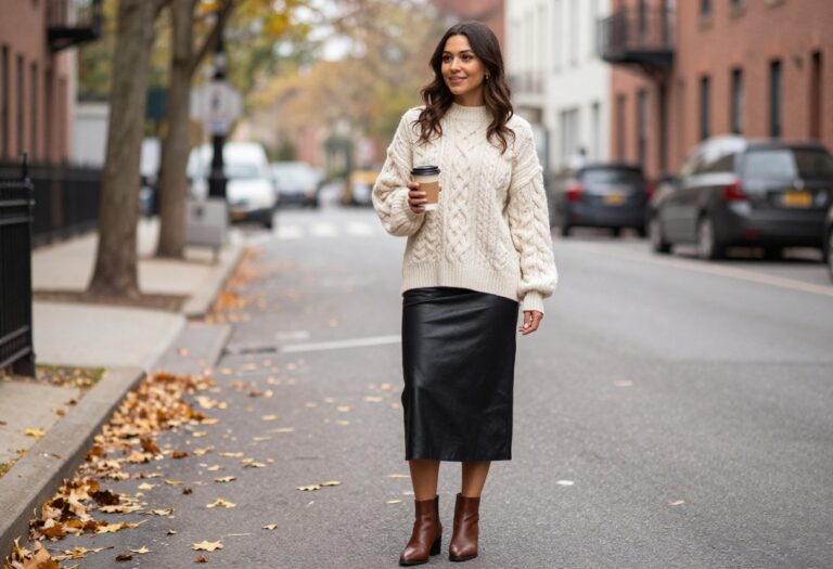 Woman wearing a black leather midi skirt with an oversized cream cable-knit sweater and brown ankle boots, standing on an autumn city street.