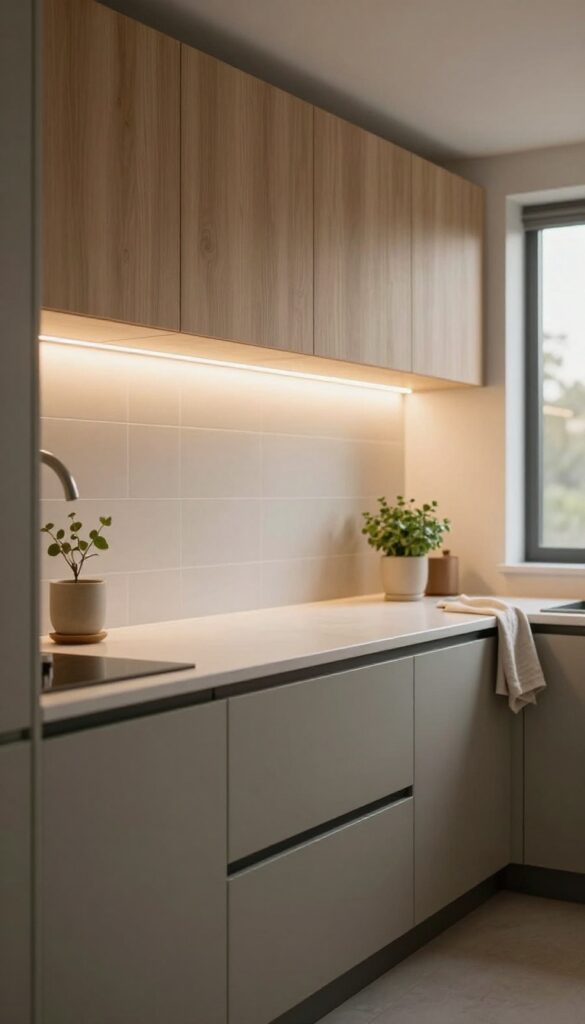 Small kitchen with warm white under-cabinet LED lighting glowing over a clean countertop, making the space feel larger and brighter
