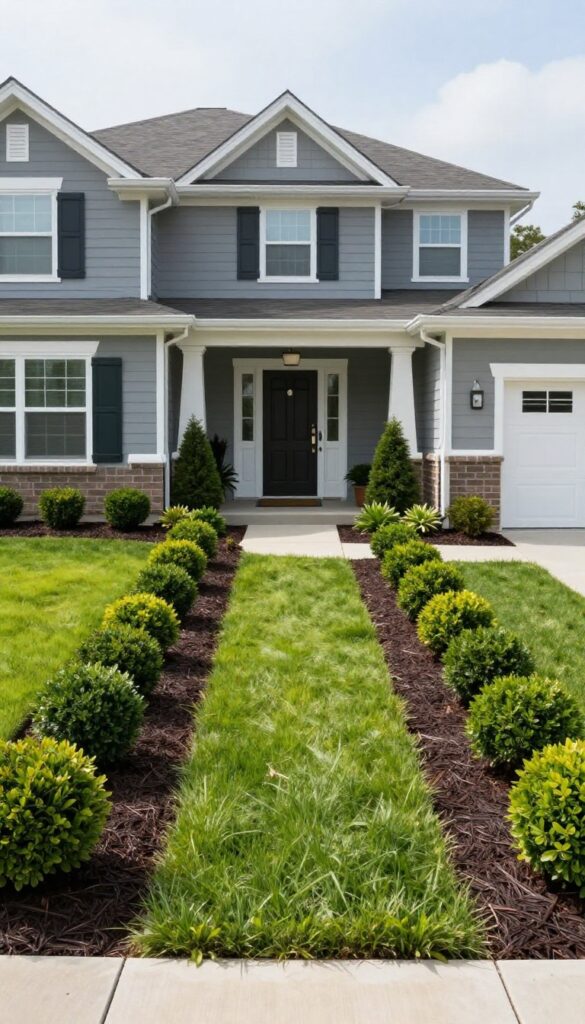 Symmetrical foundation beds with matching evergreen shrubs flanking a home's front entrance, cleanly edged and surrounded by a manicured lawn in bright daylight