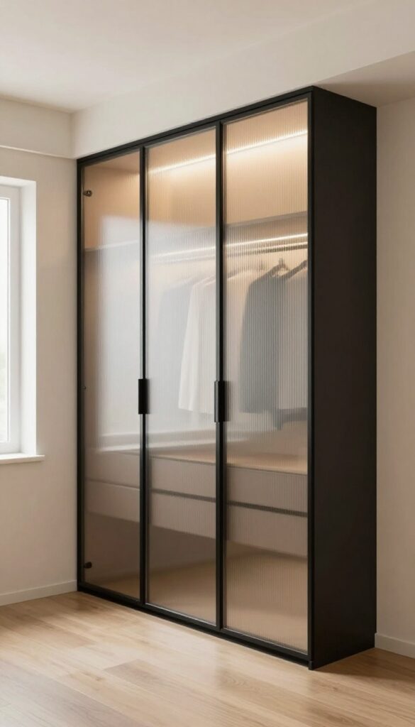 Modern bedroom wardrobe with slim black-framed frosted glass panel doors and soft interior lighting in a bright minimalist room
