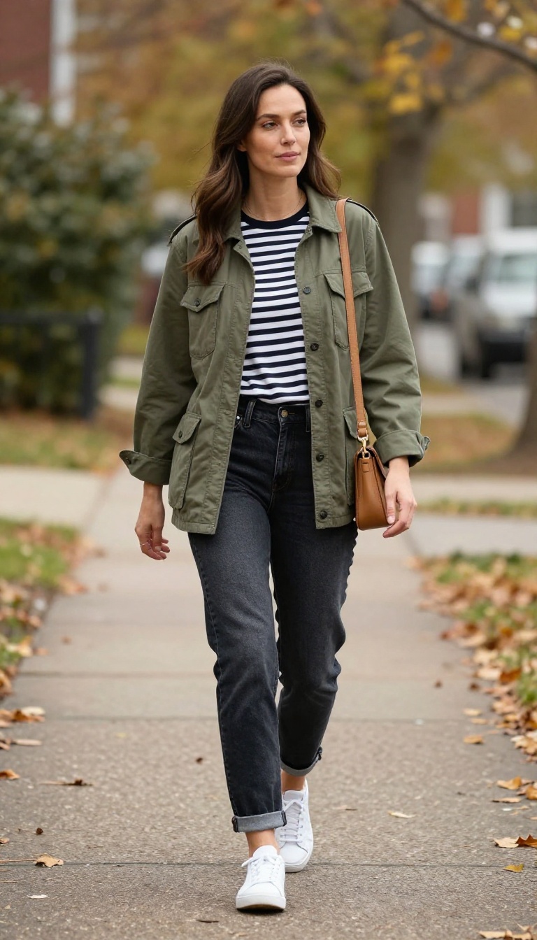 3. Earthy Tones: Olive Utility Jacket and Dark Wash Boyfriend Jeans