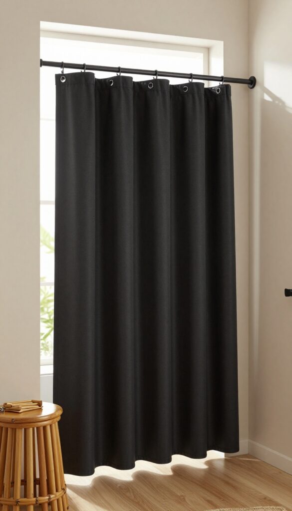 Modern bathroom with a solid black shower curtain and warm wooden stool and bamboo accessories in bright natural light
