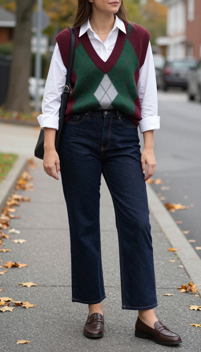 4. Argyle Sweater Vest With a Collared Shirt and Wide-Leg Jeans