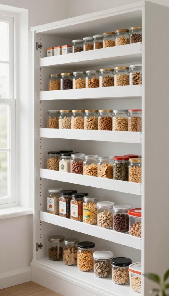 Open kitchen pantry cabinet with adjustable shelf inserts organizing jars, cereal boxes, and food containers at custom heights in bright natural light
