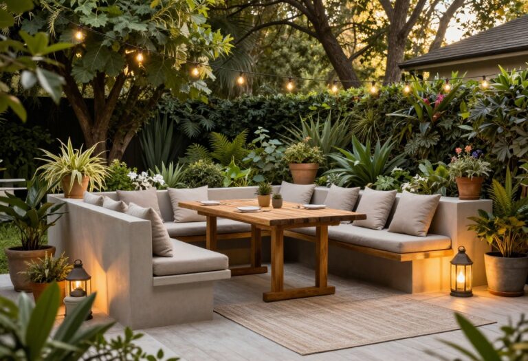 Backyard deck with built-in bench seating, warm string lights, and a cozy outdoor dining area surrounded by lush greenery at golden hour