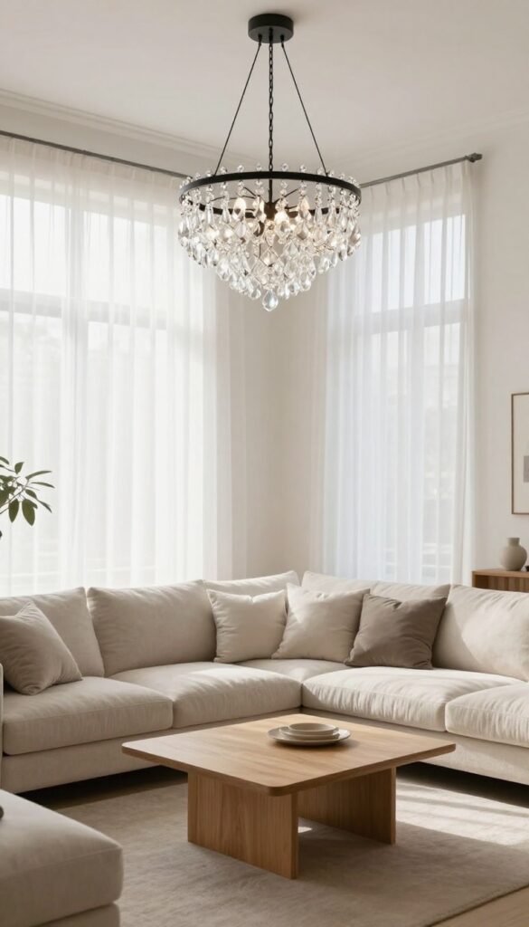 Modern living room with a crystal chandelier on a sleek black metal ring frame glowing above a neutral sofa in bright natural light