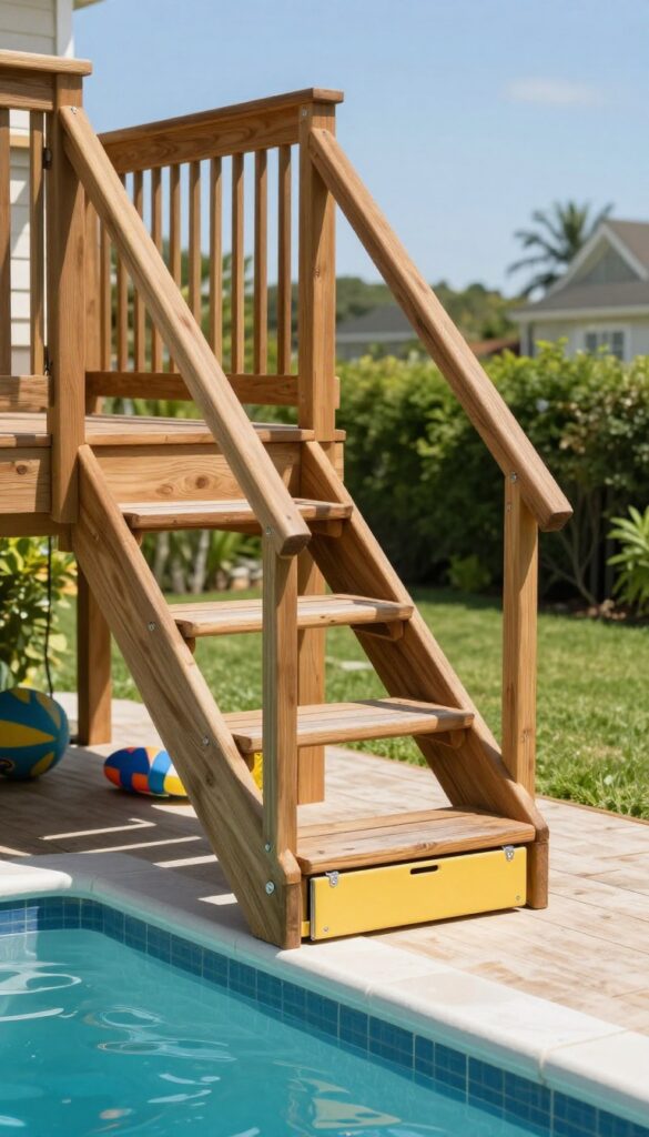 Wooden storage step deck with hinged lids replacing a ladder at an above ground pool in a sunny backyard