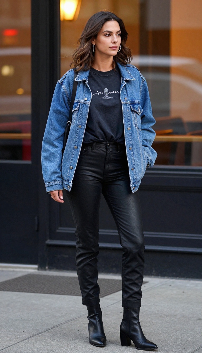 10. Graphic Tee and Leather Pants with Denim Jacket