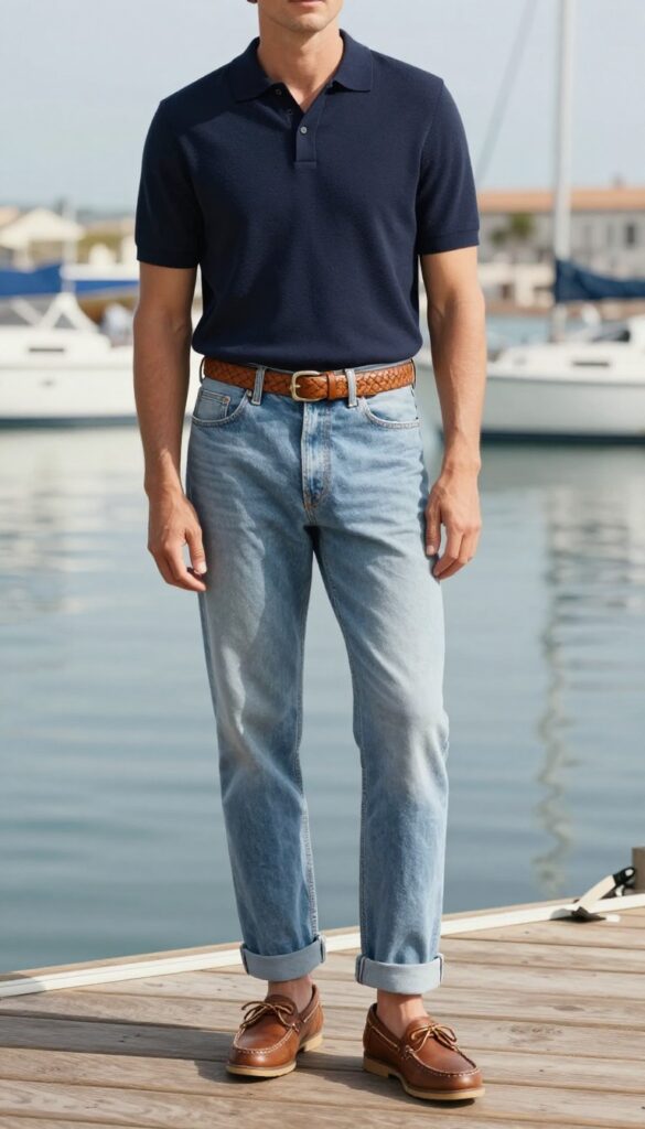 Man wearing cuffed jeans, navy polo, and boat shoes on a coastal dock, embodying old money casual style.