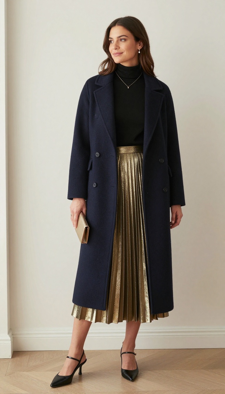 2. Pleated Maxi Skirt with a Turtleneck and Long Coat
