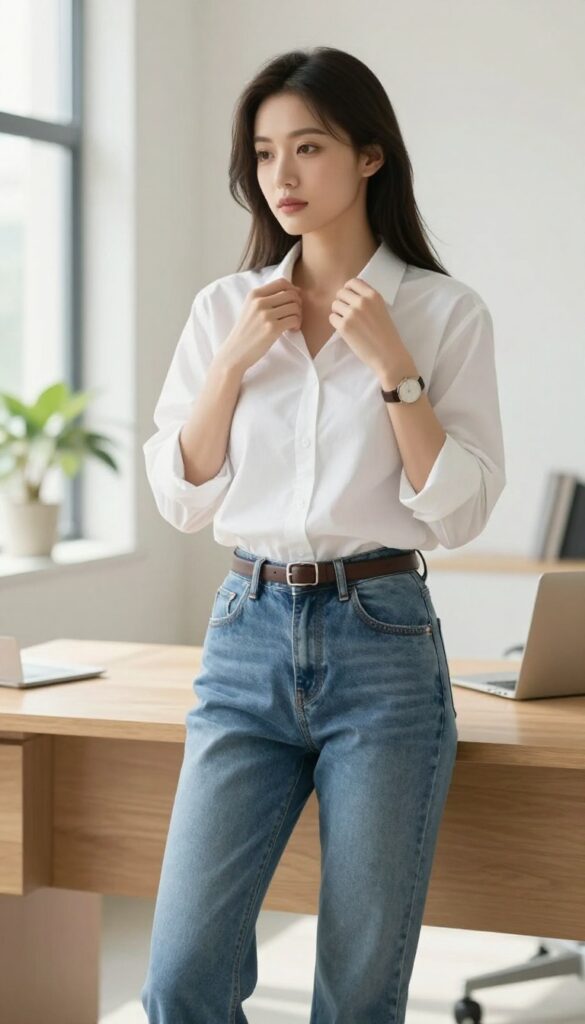 Woman in a bright office wearing high-waisted blue jeans with a tucked-in white button-down shirt and slim belt, showing a polished casual work outfit.