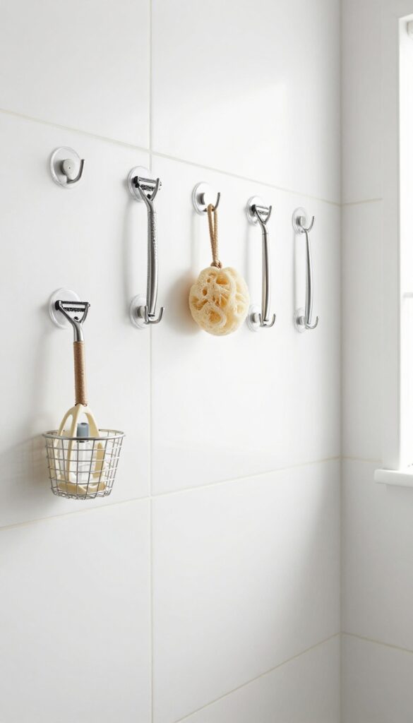 Modern shower wall with evenly spaced adhesive hooks holding a razor, loofah, and small basket to keep essentials off shelves and within reach
