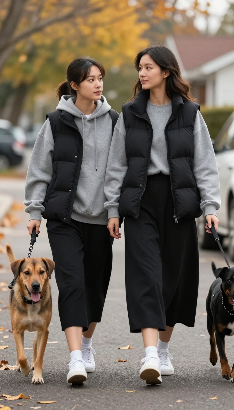 10. Long Black Skirt with a Hoodie and Puffer Vest