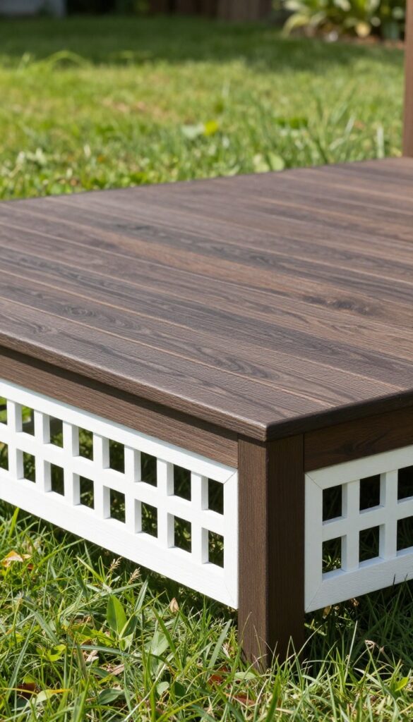 White framed lattice panels with thick wooden borders installed as skirting beneath a dark stained raised backyard deck in bright natural light