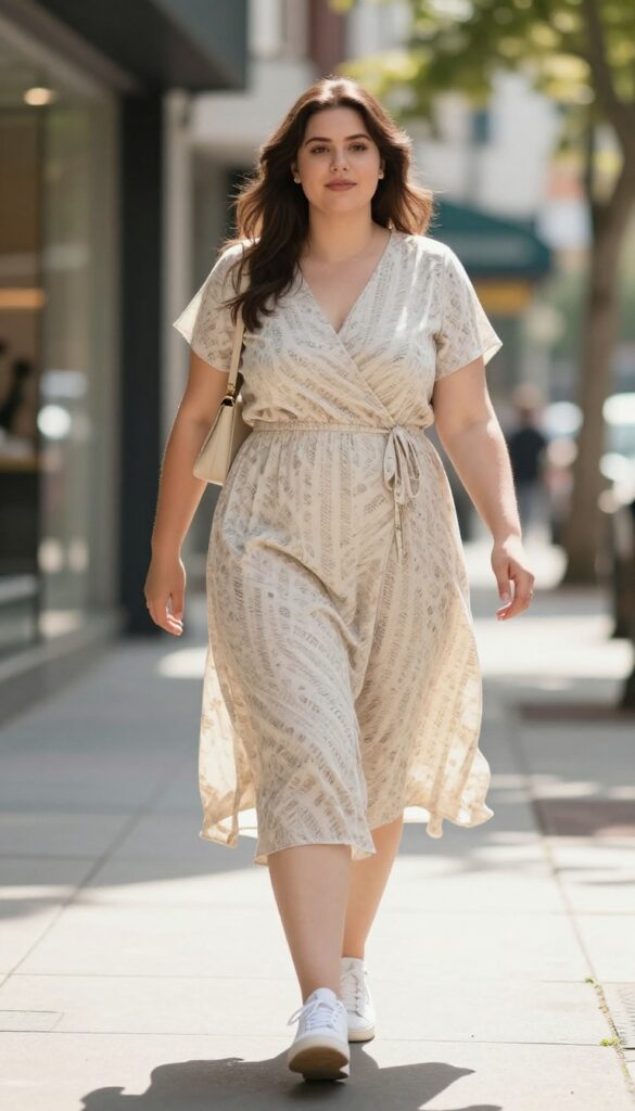 Plus-size woman in a flowy mid-length wrap dress and white sneakers walking on a sunny city sidewalk with a small crossbody bag, casual date night outfit.
