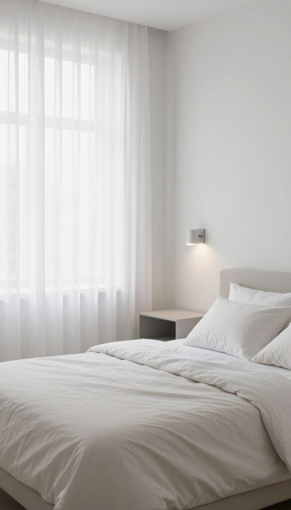 Minimalist single bed bedroom with neutral white and beige bedding, a small closed-storage nightstand, and a soft wall sconce in bright natural light