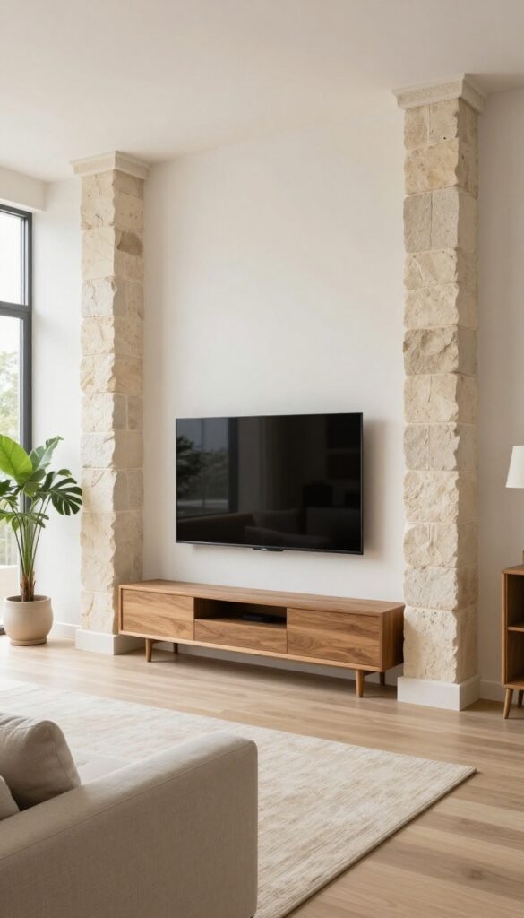 Living room with a TV centered between two floor-to-ceiling stone pillar columns, styled with a wooden console, rug, sofa, plant, and bright natural light.