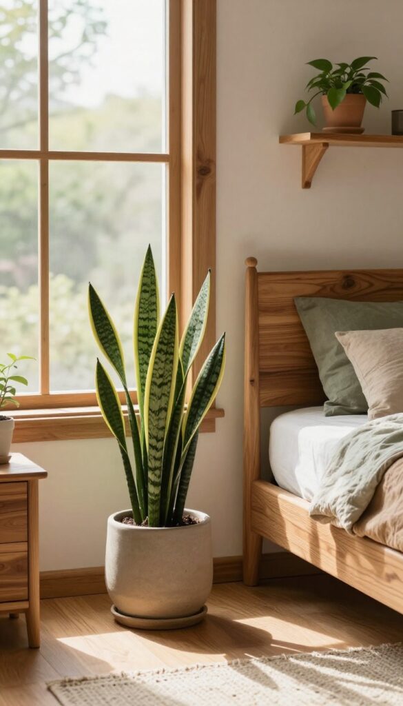 Bright earthy bedroom corner with a snake plant in a ceramic pot by the window, a small pothos on a wooden nightstand, and natural wood furniture in green and brown tones.