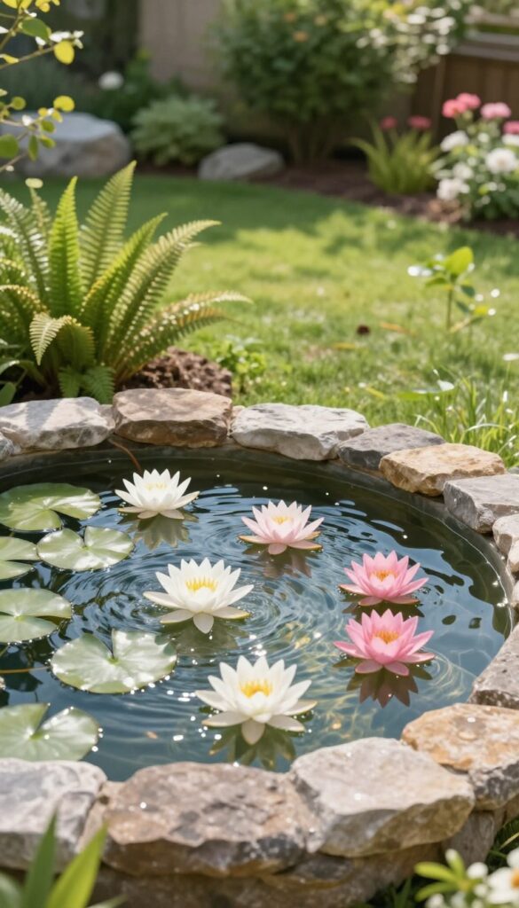 Natural pond-style fountain with water lilies, stones, and bubbling water surrounded by lush greenery in a front yard