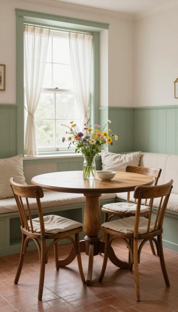 Cozy vintage breakfast nook with a round wooden table, mismatched antique chairs, and a cushioned window bench in a bright old-world cottage kitchen