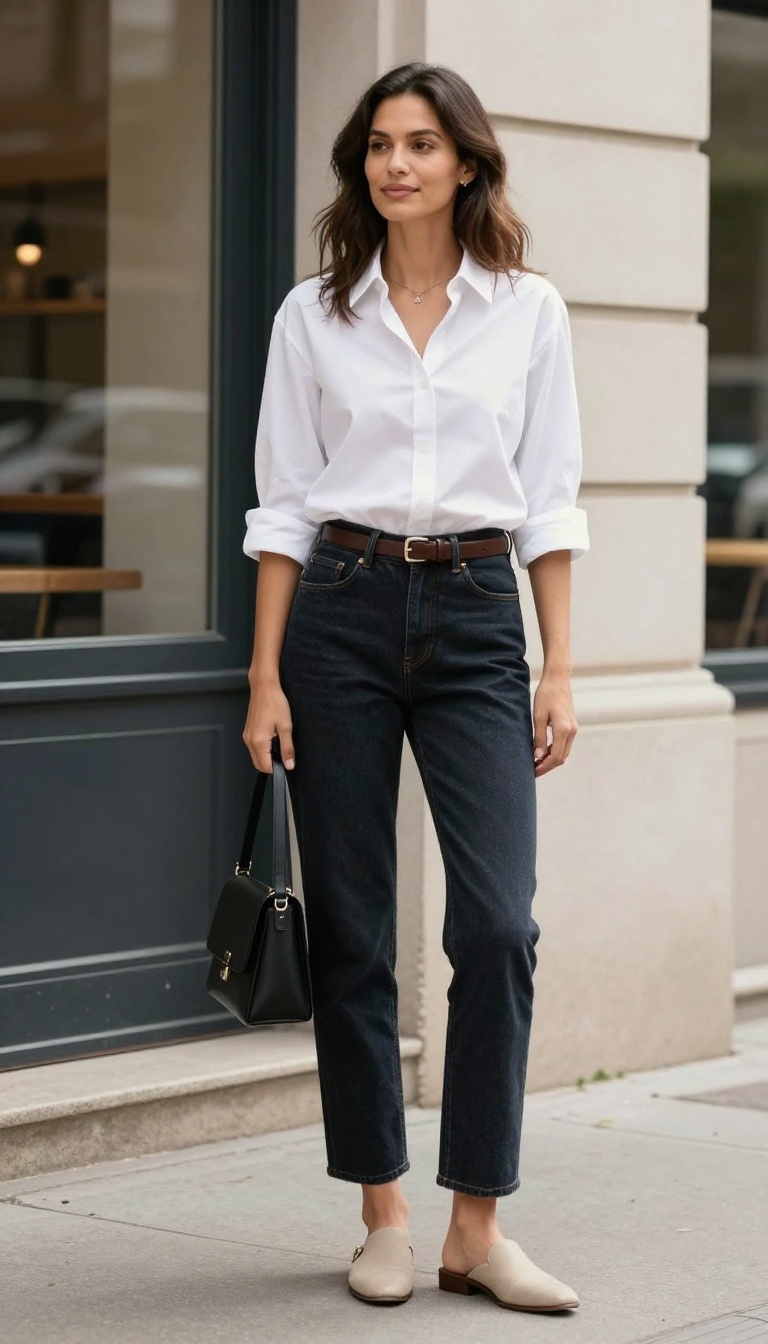 3. The Crisp White Button-Down with Dark Denim