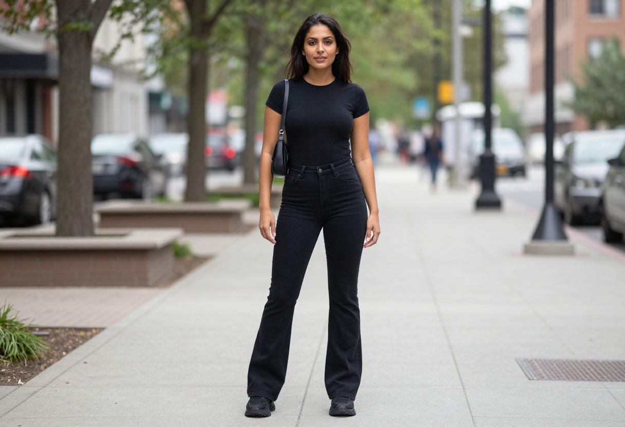 Woman wearing a black Y2K outfit with a fitted baby tee, low-rise flare jeans, chunky sneakers, and a small shoulder bag, standing outdoors in natural light.