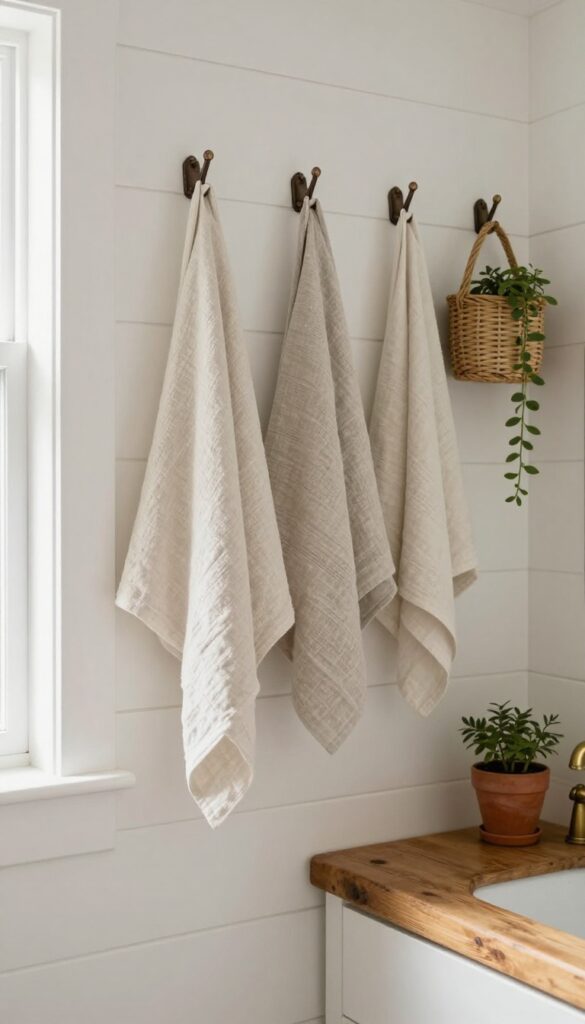 Rustic cast iron wall hooks holding linen towels, a woven basket, and a small hanging plant on a white shiplap bathroom wall in bright natural light