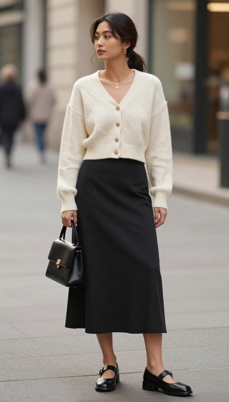 9. Long Black Skirt with a Cropped Cardigan and Mary Janes