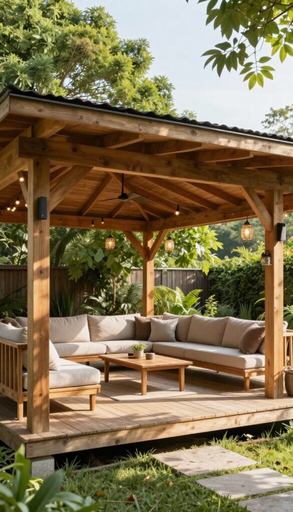 A wooden pavilion on a backyard deck furnished as an outdoor living room with sofas, warm string lights, and open sides under a solid roof.