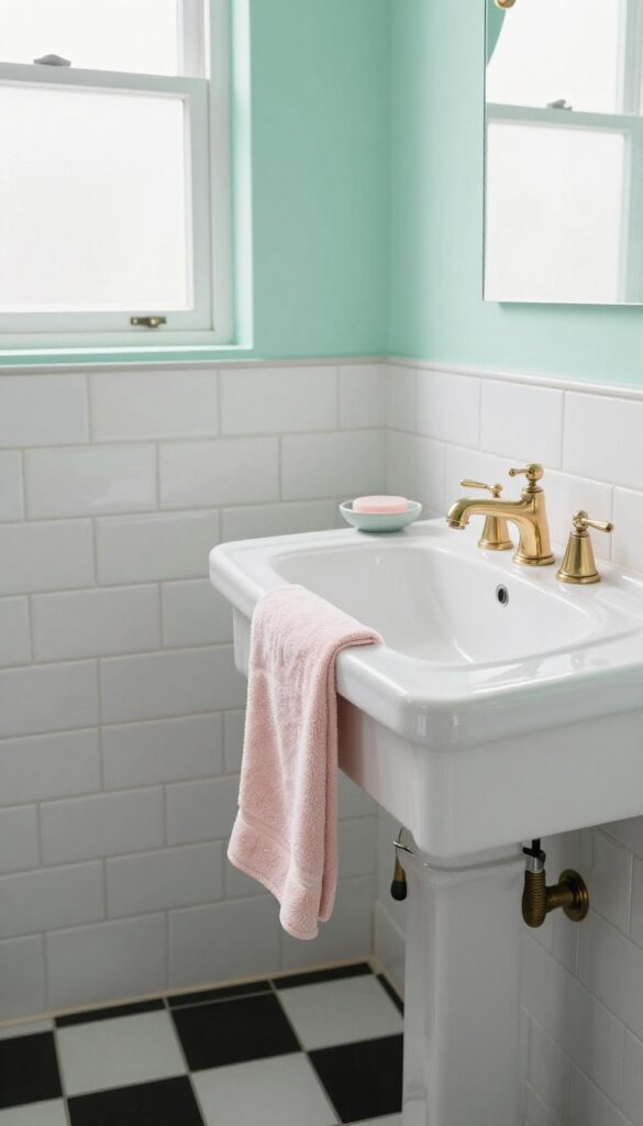 Retro bathroom with a mint green pastel accent wall behind a white vanity, black-and-white tile floor, and brass fixtures in bright natural light