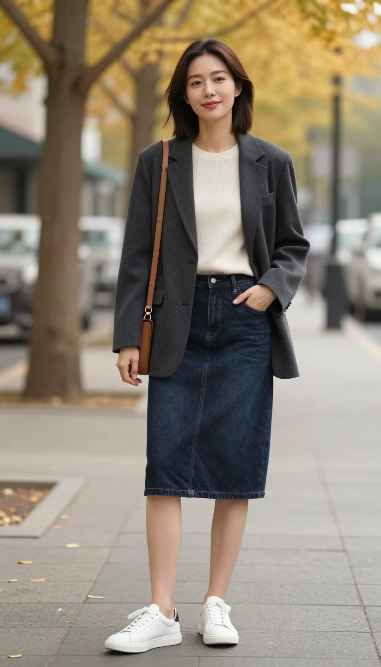 2. Denim Skirt with a Blazer and White Sneakers