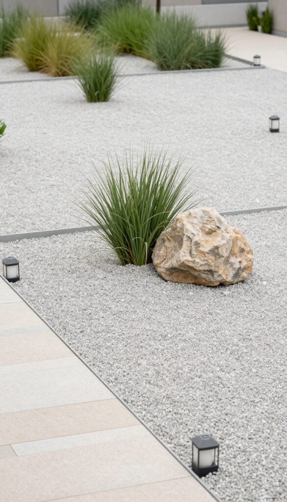 Minimal zen-inspired front yard with light gravel, one sculptural plant, a smooth accent stone, and subtle solar lanterns in bright natural light