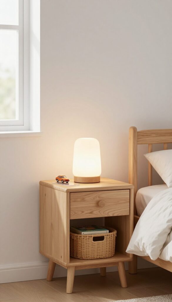Bright boy's bedroom with a compact wooden bedside table, drawer, lower shelf basket, and small reading lamp