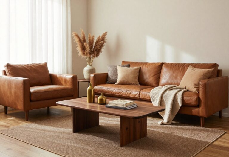 Rich brown living room with layered shades of camel, espresso, walnut and tan, bright natural light, leather sofa and wood coffee table