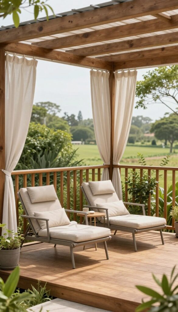 Private upper-level deck retreat with cozy seating, partial railings, outdoor curtains, and a pergola in a bright backyard