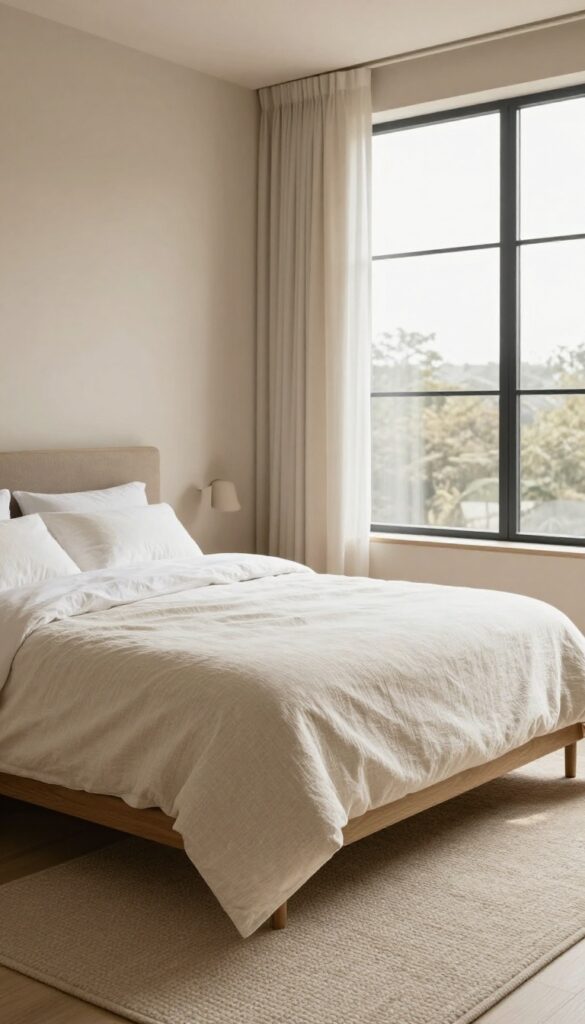 Bright cozy bedroom with textured loop pile carpet in oatmeal, sleek clean-lined bed, and natural light highlighting the subtle carpet texture
