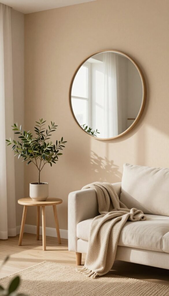 Cozy living room with a tan accent wall behind a light sofa, a round mirror, and a small olive tree, bathed in bright natural light.