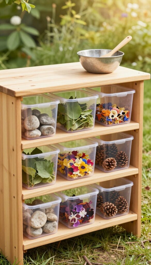 Clear plastic bins filled with rocks, leaves, flower petals, sticks, and pinecones on a low wooden shelf beside an outdoor mud kitchen in a sunny backyard.