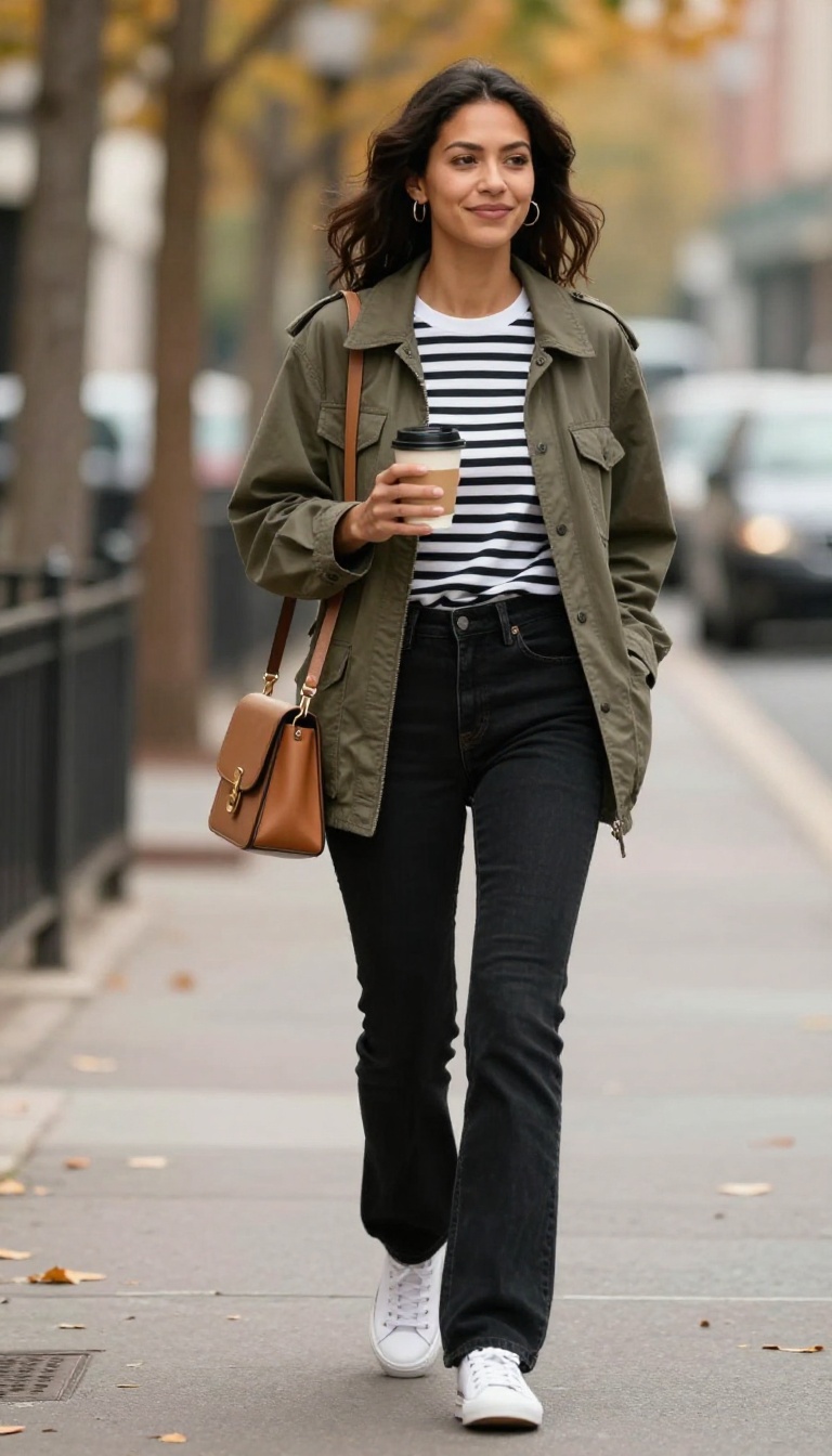 2. Olive Utility Jacket with Black Flares and White Sneakers