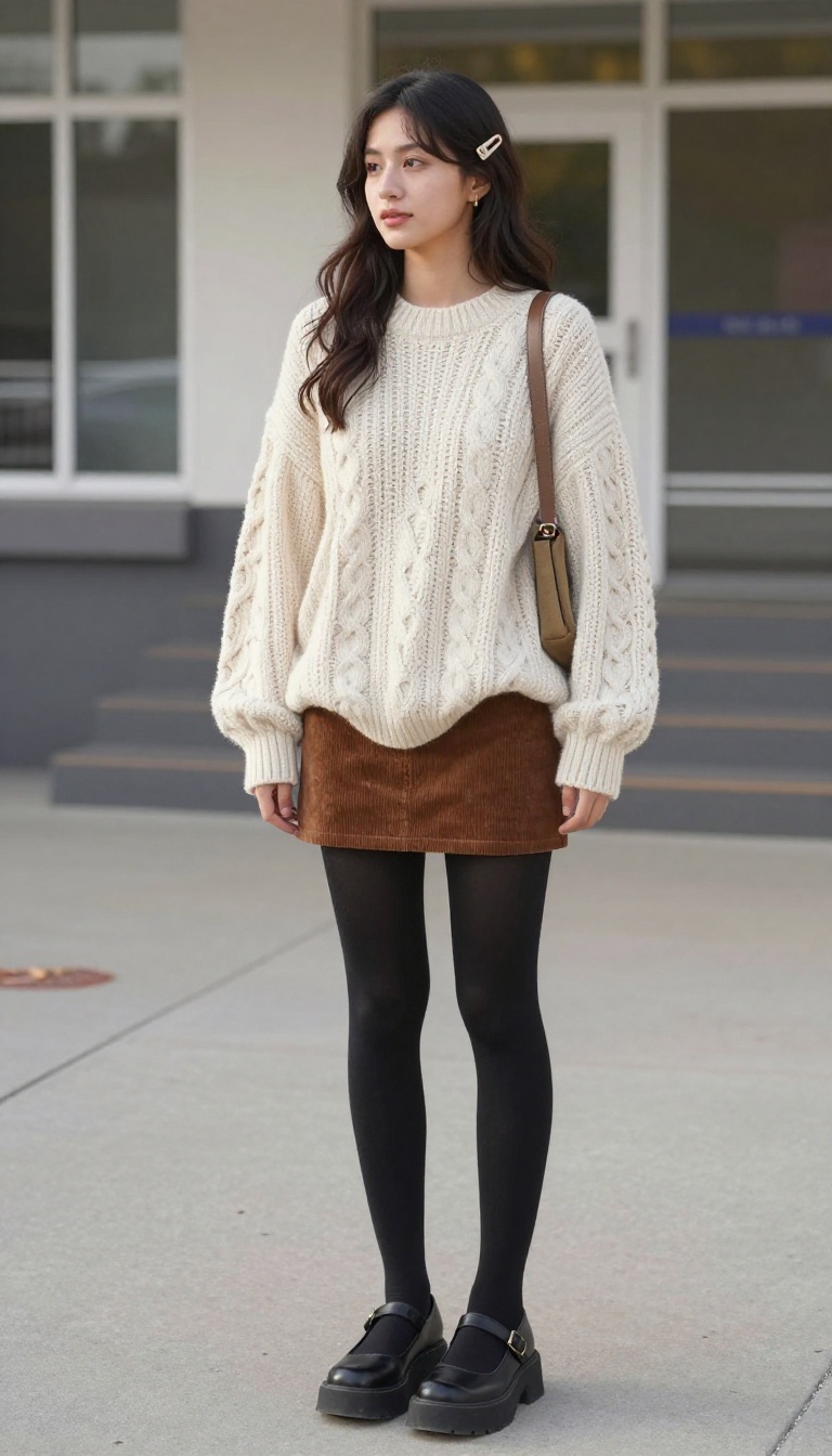 9. Corduroy Mini Skirt With Chunky Sweater