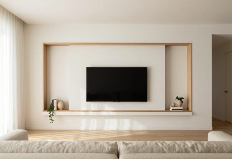 Bright modern living room wall with two symmetrical built-in niches flanking a centered TV, styled with minimal decor and natural light