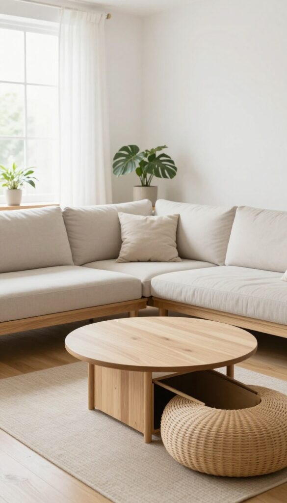 Bright living room with modular sofa, wooden bench, nesting tables, and a storage ottoman arranged for flexible everyday use