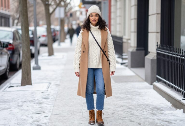 Woman in a cream cable-knit sweater, camel coat, straight-leg jeans, and brown winter boots standing on a snowy sidewalk.